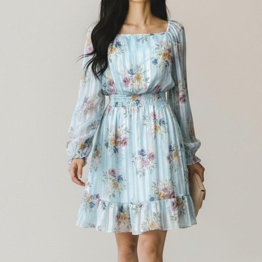 Peach Love California Flowy Floral Long Sleeve Mini Dress in Size Medium